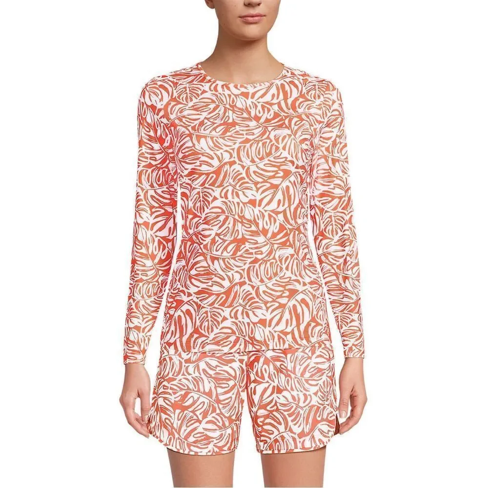 Land's End long sleeve swim tee rashguard, orange mini tropic leaves size large
